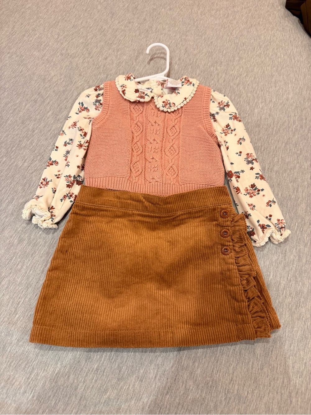 Tommy Bahama Pink Knit Vest Floral Blouse and Rust Corduroy Skirt Set